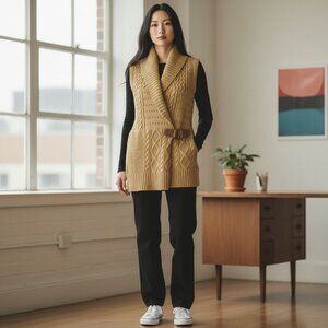 Ralph Lauren Sleeveless Sweater Equestrian Buckle Camel Cable Knit Women's Small